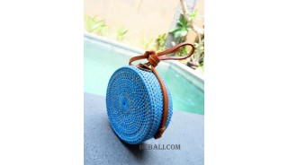 straw synthetic rattan circle bag color blue dongker